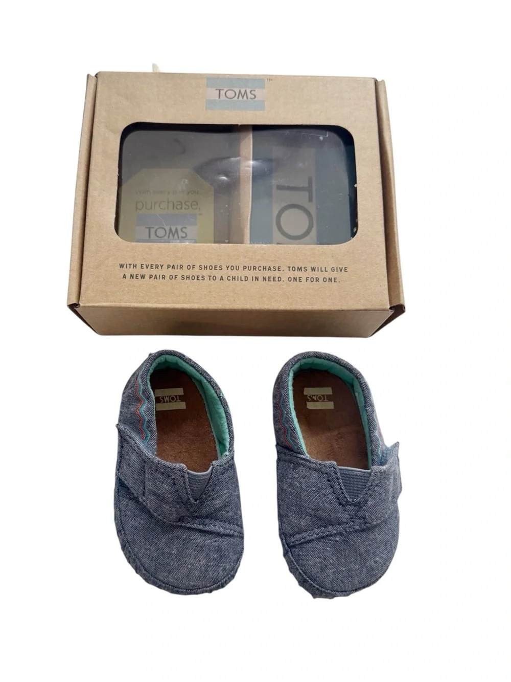 TOMS Crib Alpargata Infant Shoes- Blue Chambray/ Embroidery Size 3